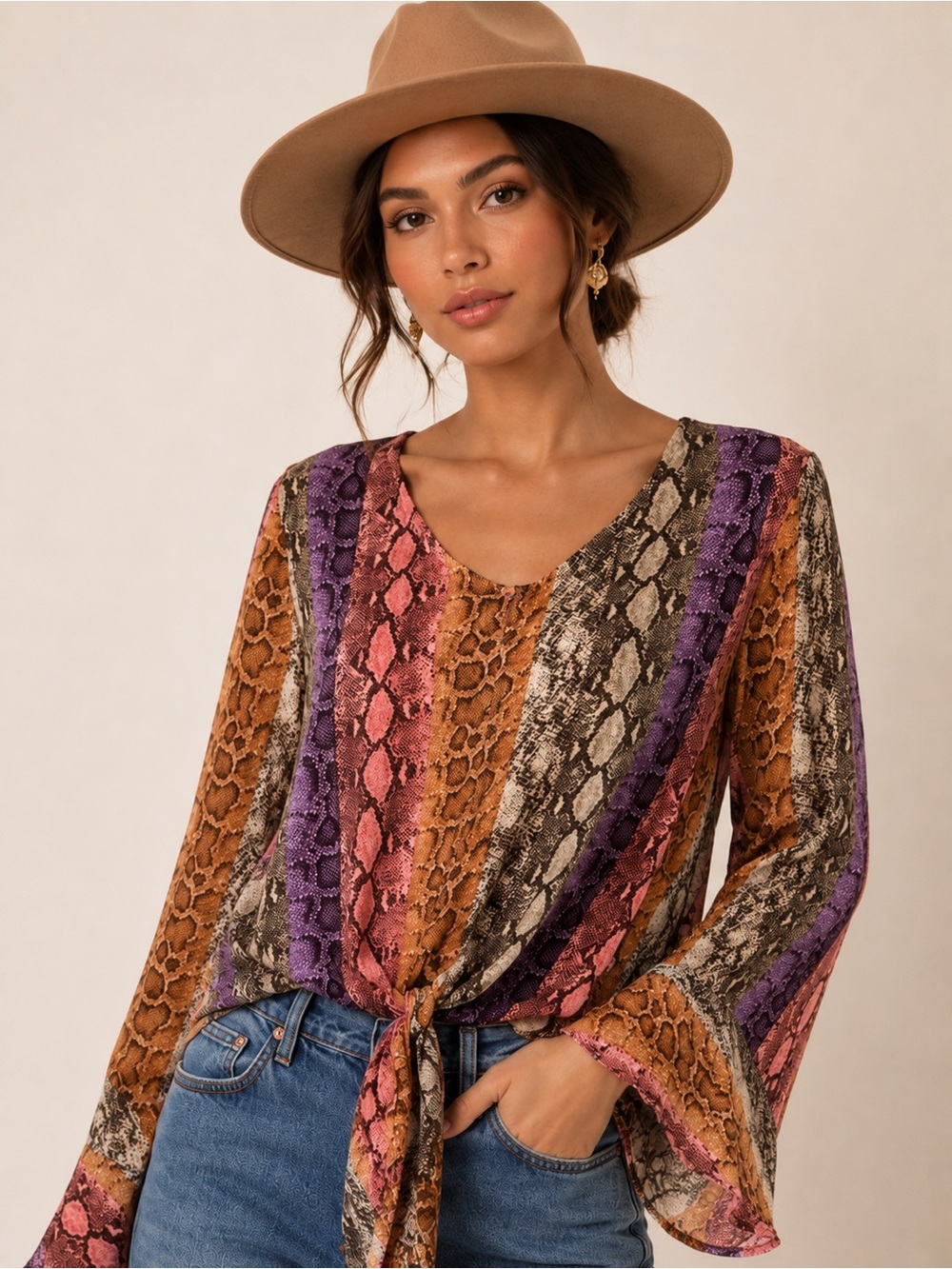 entro Multicolor Snake-Print Tie-Front Blouse